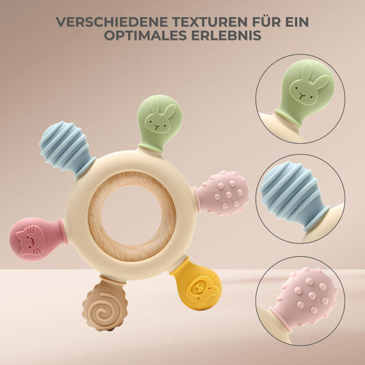 Baby Beißring für Zahnungshilfe aus Silikon & Holz: BPA-frei, Sicheres Spielzeug