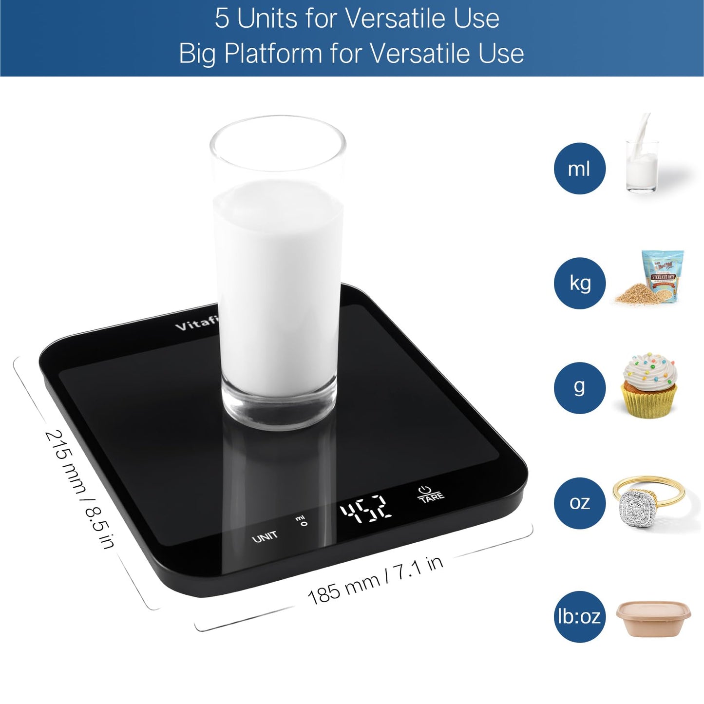 Vitafit (VT707) Multifunktionale Digitale Küchenwaage mit LED-Display aus gehärtetes Glas