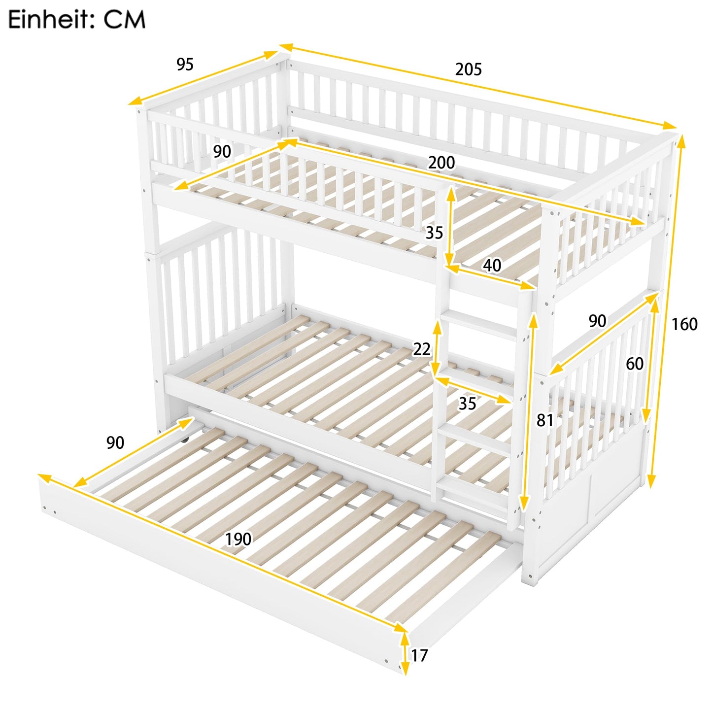 Kinder-Etagenbett 'Kehun' (90×200cm) mit ausziehbares Rollbett und Leiter für 2-3 Kinder