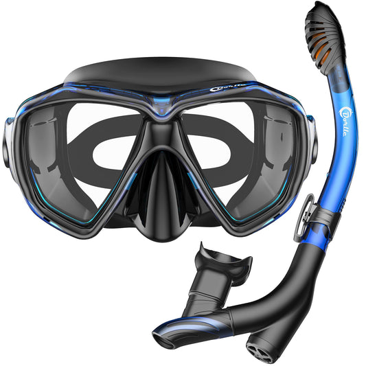 Set mit Schnorchel und Taucherbrille: Anti-Fog 3-Kanal Tauchmaske aus gehärtetem Glas