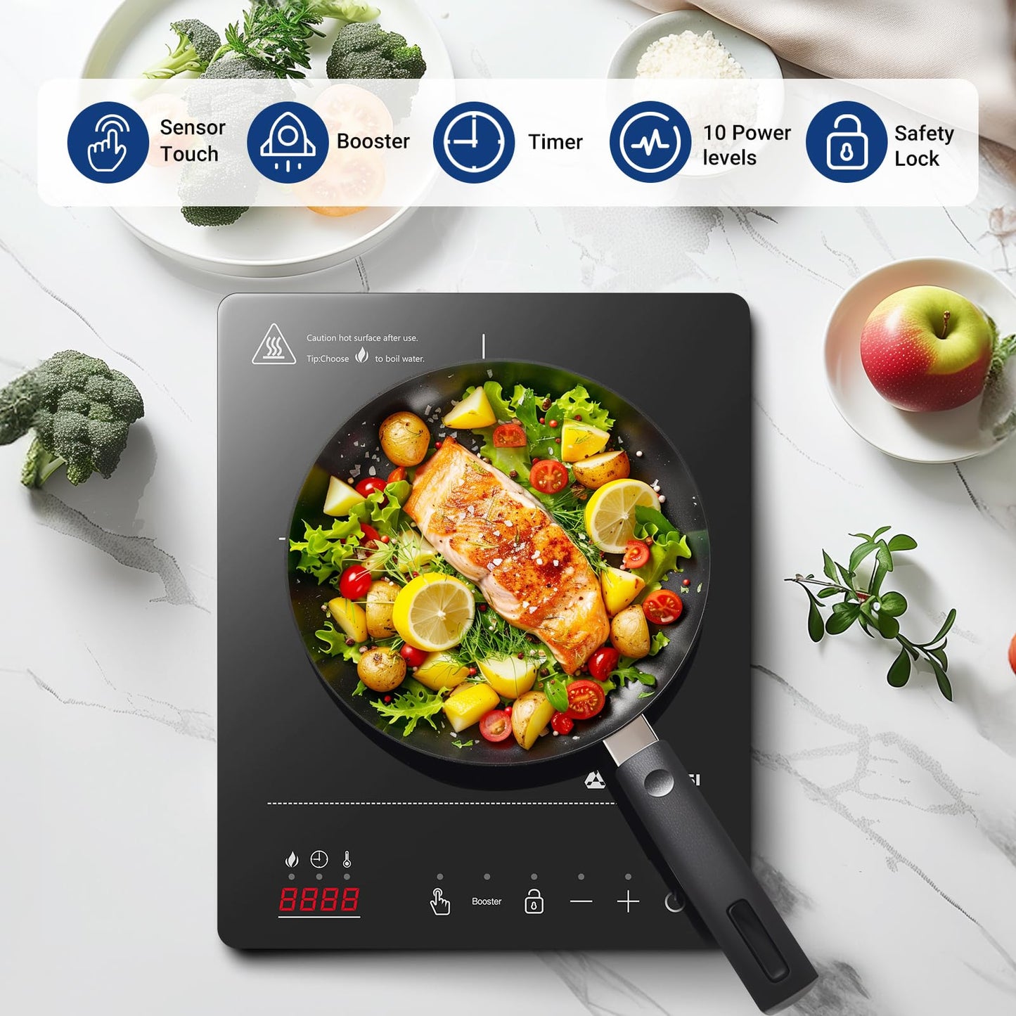 Aobosi Induktionskochfeld 1 Platte,Induktionskochplatte mit Booster-Funktion, 20 Leistungsstufen und Temperaturstufen,Kompakte Größe,2000W Tragbares Induktionskochfeld,10H-Timer,Schwarz