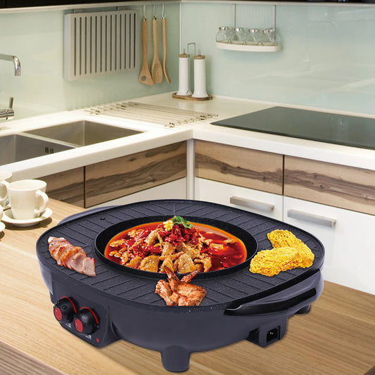 2-in-1-Elektrogrill-Hot Pot, Elektrischer Grill-Hot Pot, Shabu Hot Pot mit Grill, Grillmaschine, Haushalts-Backblech für 5–6 Personen