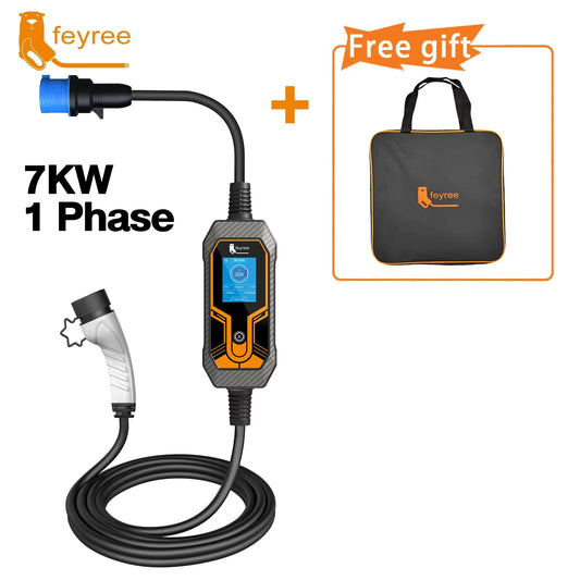 Feyree Tragbares EV-Ladegerät Wallbox Typ2 7kW 32A 1-Phasig 5m Kabel CEE-Steckdose EVSE-Ladebox für Elektrofahrzeug-Autoladegerät