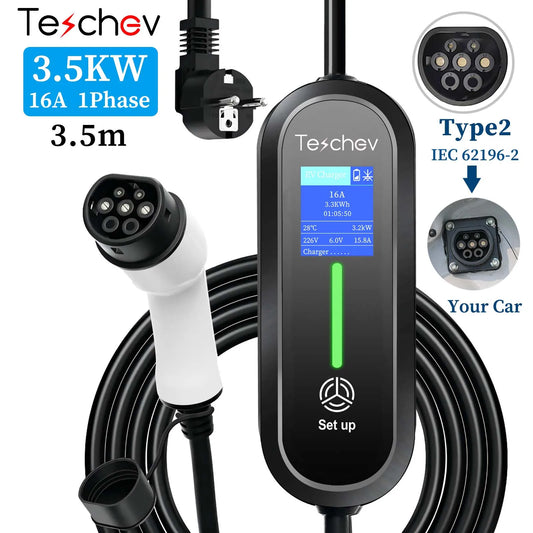 Teschev 220V Tragbares EV-Ladegerät Typ2 Wallbox 3,5KW 8A Bis 16A 1Phase Typ1 J1772 IP65 Gratis Geschenk EV-Tasche