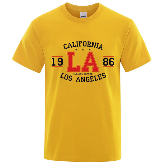 CALIFORNIA 1986 LA-College League | USA Streetwear: Atmungsaktives Baumwoll-T Shirt (Gelb)