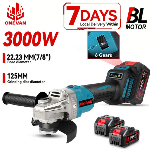 ONEVAN 5 Zoll 125 Mm Bürstenloser Elektrischer Winkelschleifer 6-Gang-Akku-Polierer Multifunktions-Elektrowerkzeuge für Makita-Akku-Pin