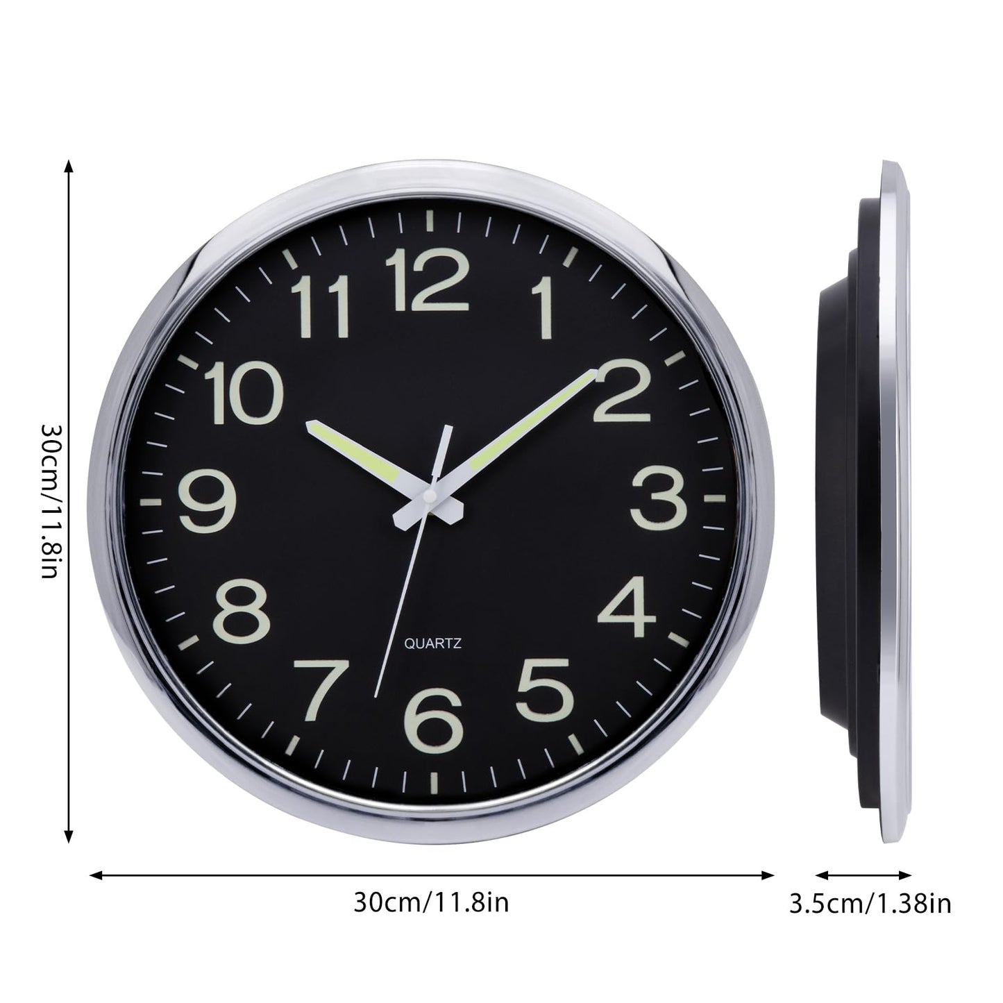 VINILITE Leuchtende Nachtlicht-Wanduhr (30cm) ohne Tickgeräusche: Batteriebetrieben für Wohnzimmer, Schlafzimmer, Büro