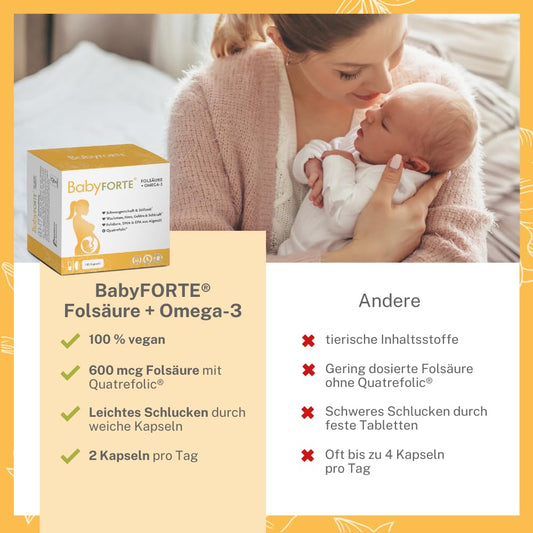 BabyFORTE Schwangerschafts-Vitamine | 180 vegane Kapseln mit Folsäure, DHA, EPA, Jod & Co