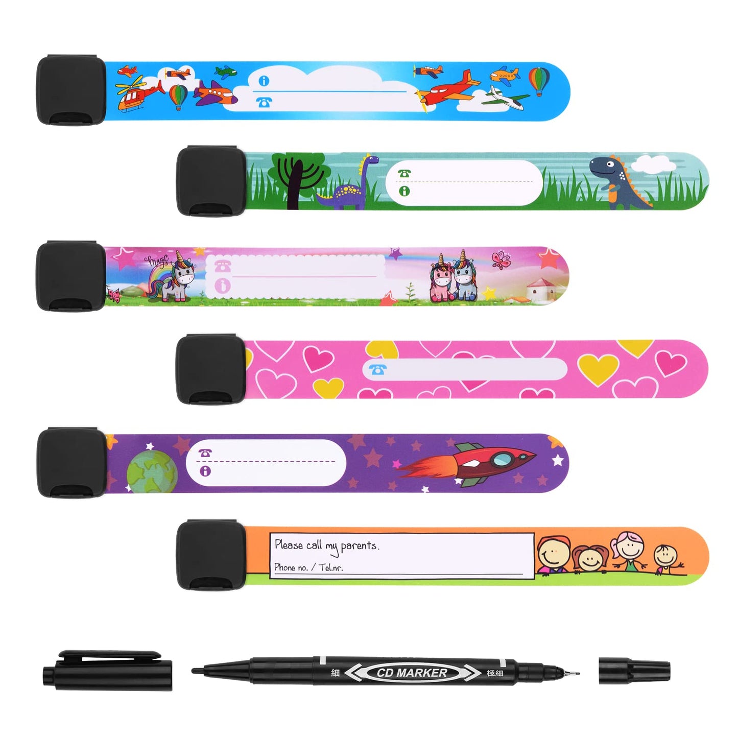 SOS Notfall-ID Armband für Kinder (6 Stück) mit 1 Marker Stift: Wiederverwendbar