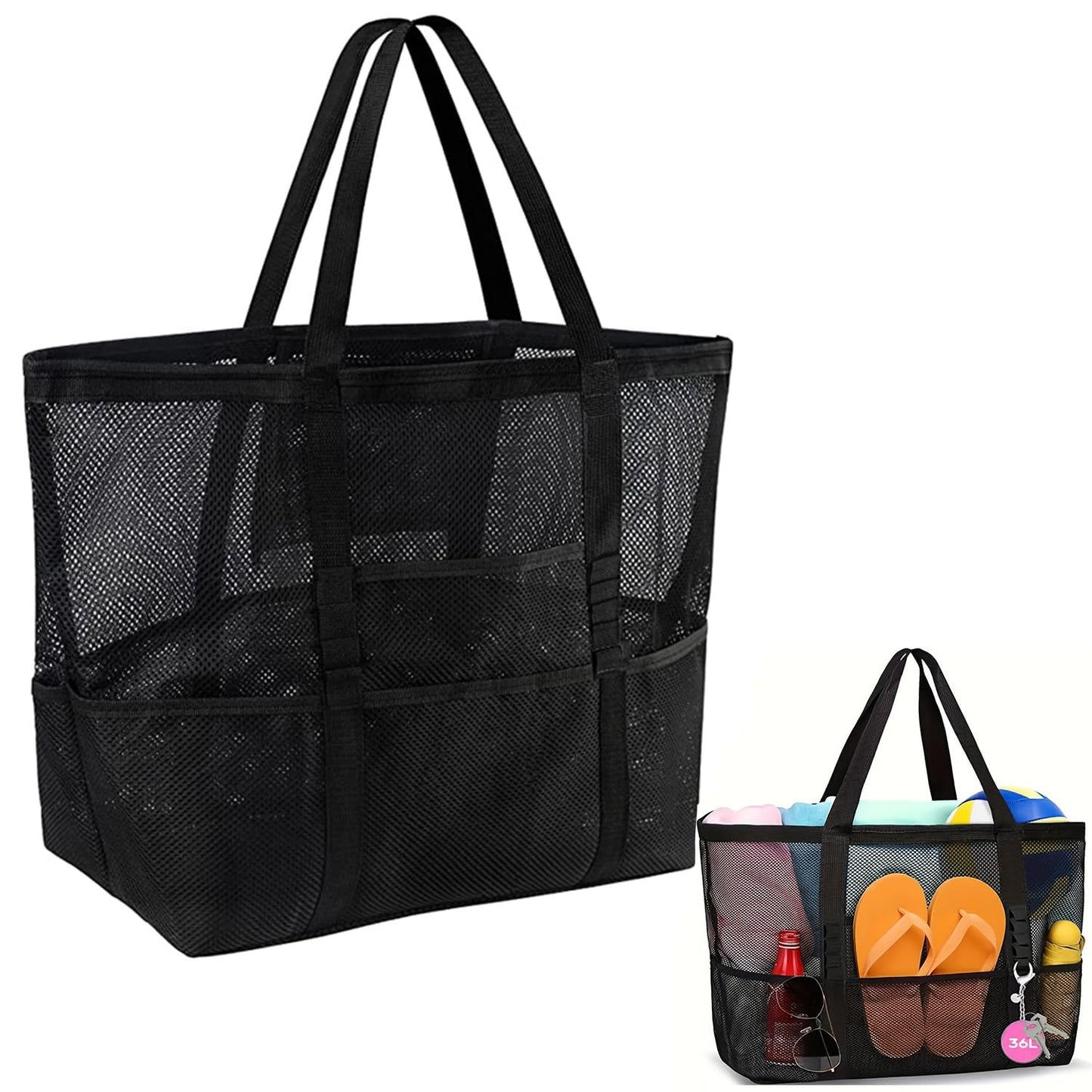 Große Netz-Strandtasche mit Taschen & Reißverschluss für Strand, Urlaub, Reise