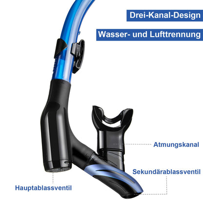 Set mit Schnorchel und Taucherbrille: Anti-Fog 3-Kanal Tauchmaske aus gehärtetem Glas