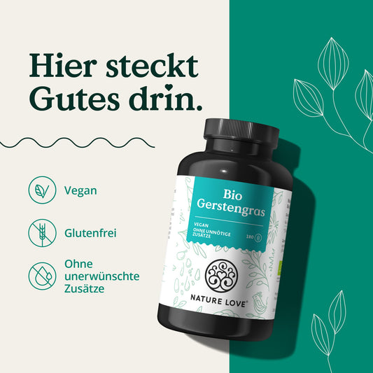 NATURE LOVE® Bio Gerstengras aus deutschem Anbau (1500mg je Tagesdosis): 180 Kapseln - Hochdosiert