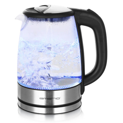 EMERIO Glas Wasserkocher (1,7L): 2200 Watt, Blau LED-Innenbeleuchtung | BPA-Frei