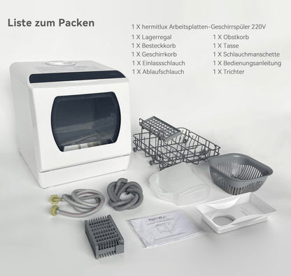 Hermitlux Mini-Geschirrspüler für 4 Bestecksätze, 5 Liter Wassertank, 6 Programme