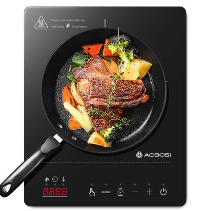 Aobosi Induktionskochfeld 1 Platte,Induktionskochplatte mit Booster-Funktion, 20 Leistungsstufen und Temperaturstufen,Kompakte Größe,2000W Tragbares Induktionskochfeld,10H-Timer,Schwarz