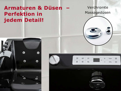 Luxus Whirlpool Badewanne Relax Profi in Schwarz mit Armaturen: Made in Germany, LED, Bluetooth