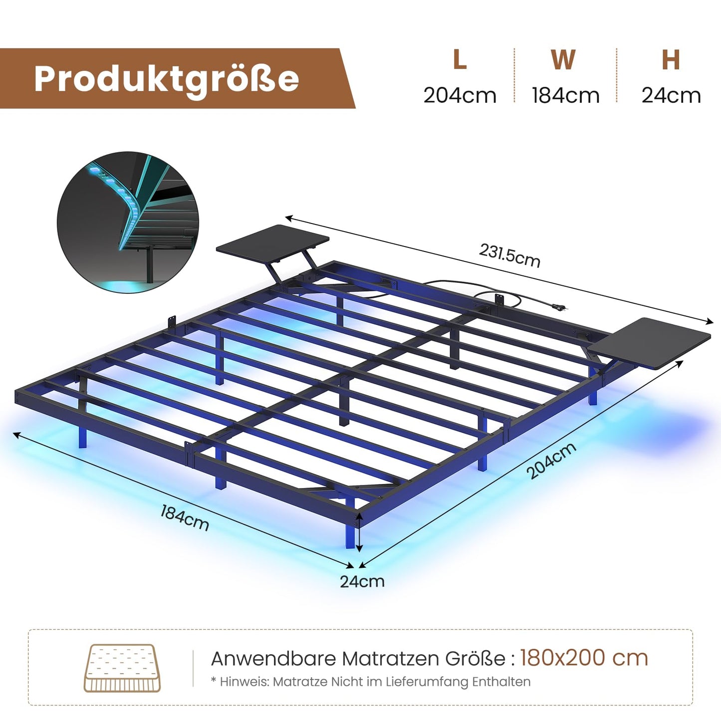Bettgestell (180x200cm) aus Metall mit LED Beleuchtung und Ladestation & Lattenrost | Ohne Matratze