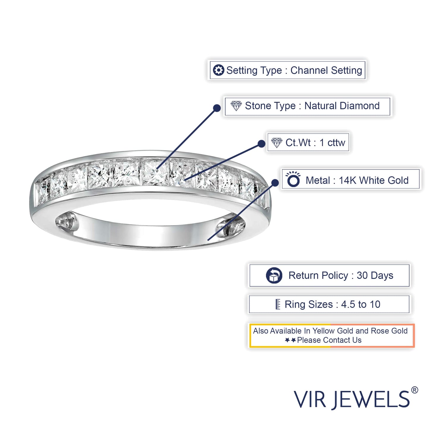 Vir Jewels Prinzessschliff 14 Kt Weißgold Diamant-Damenring: Weiß/Crystal (J)