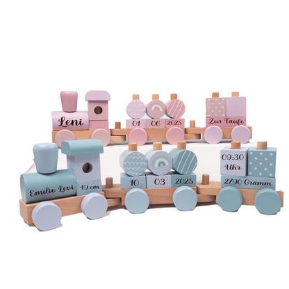 minipishop® personalisierte Baby Holz-Eisenbahn: Geschenk zur Geburt mit Name & Datum