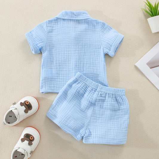 Zweiteiler-Kleidung-Set für Kleinkind, Jungen: Baumwolle-Leinen Outfit (Blau - in verschiedenen Größen)