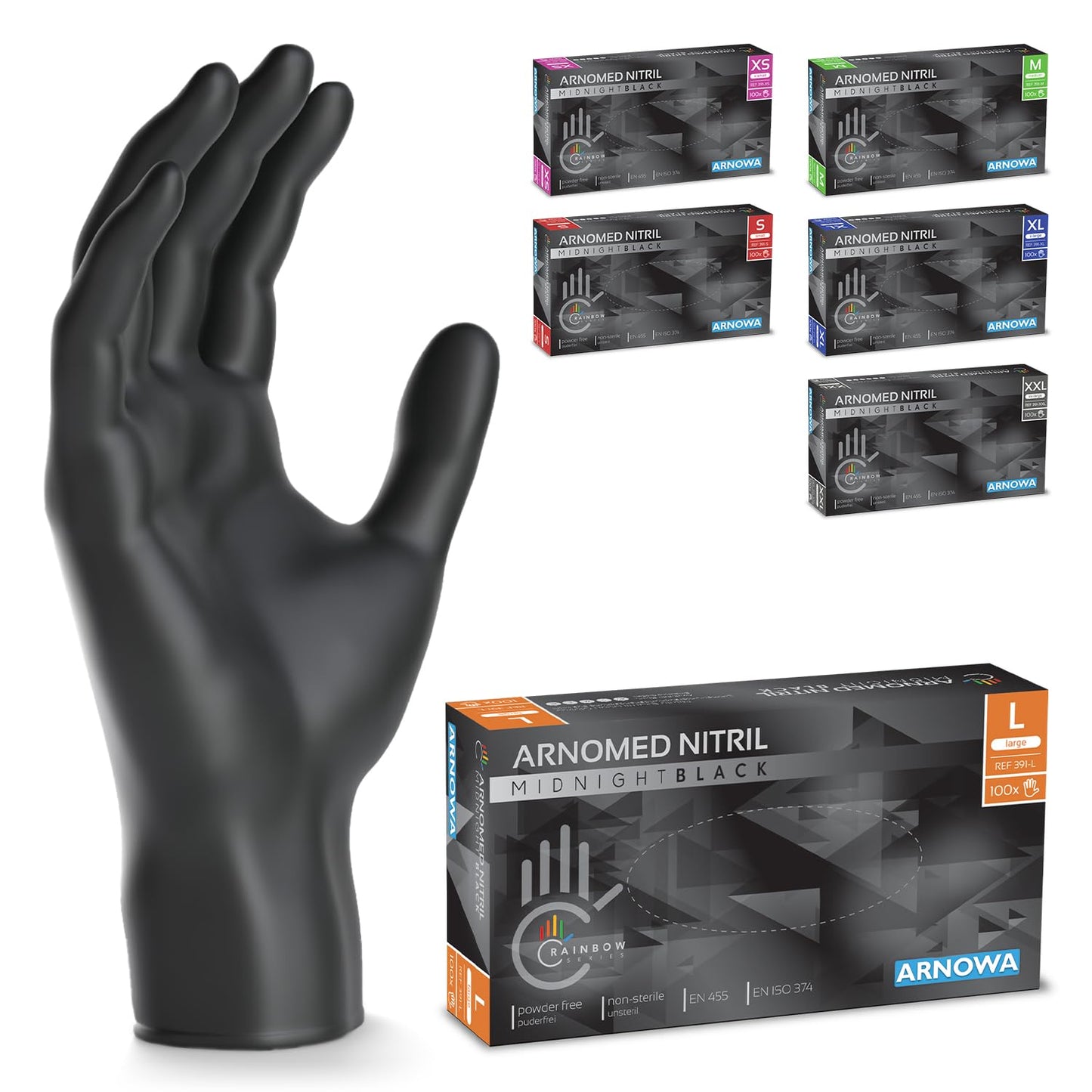 ARNOMED Schwarze Nitril-Einweghandschuhe (100 Stück/Box): Puderfrei, Latexfreie