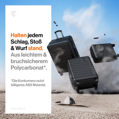 TRAVELY Polycarbonat Koffer-Set (3-teilig) mit sanften Rollen & TSA Schloss | Schwarz