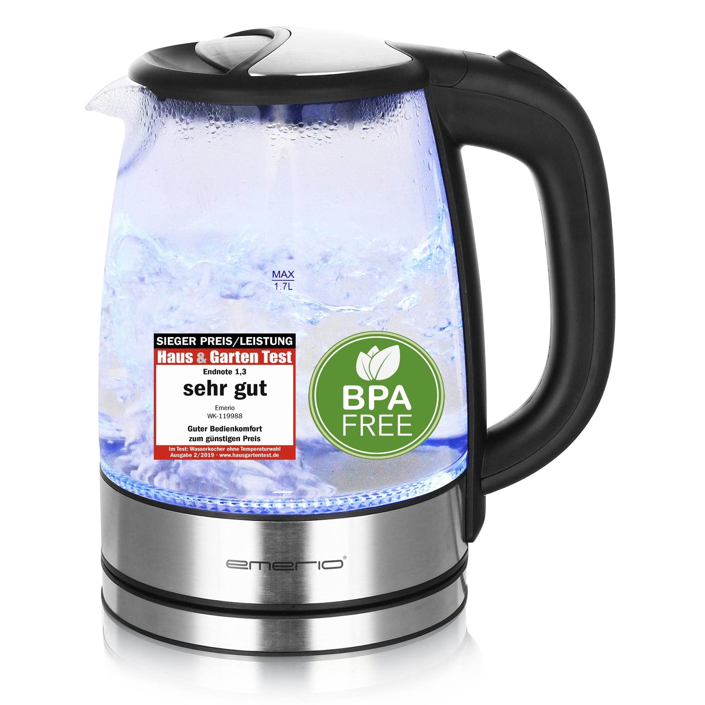 EMERIO Glas Wasserkocher (1,7L): 2200 Watt, Blau LED-Innenbeleuchtung | BPA-Frei