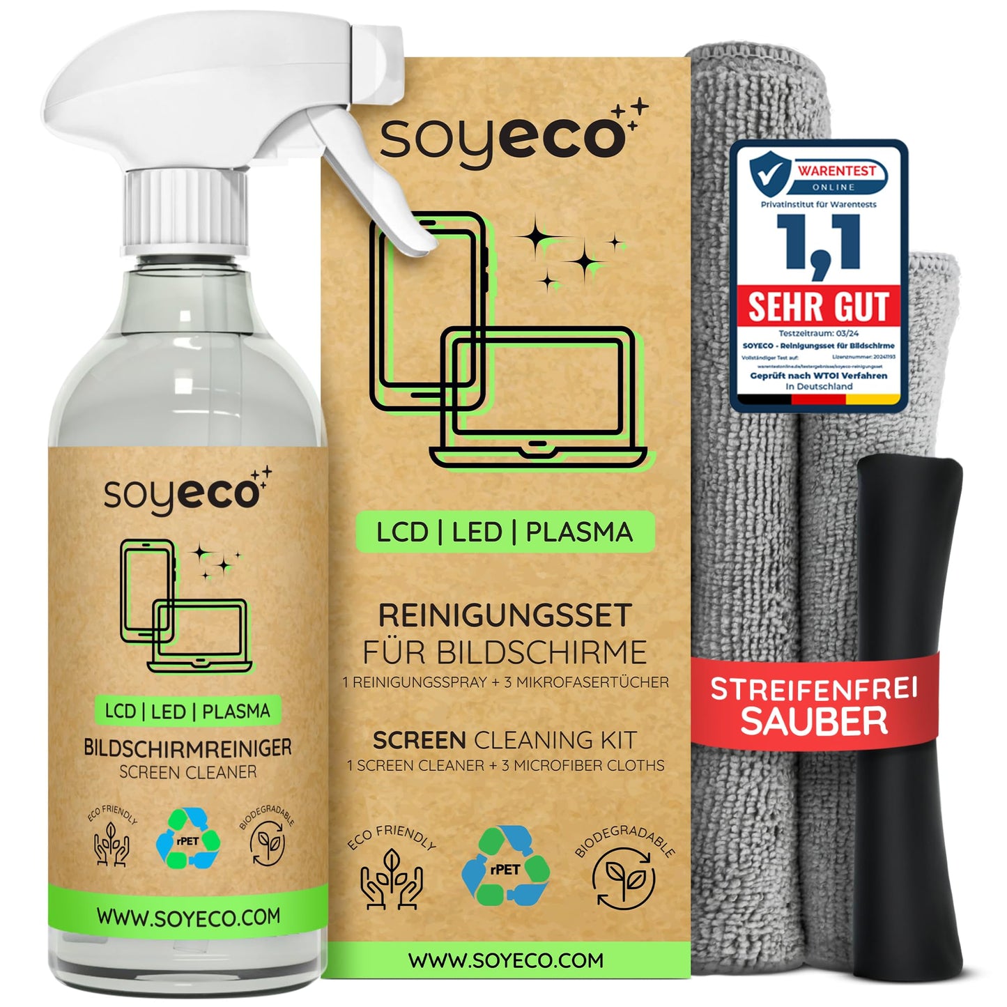 Bildschirmreinigungsspray (500ml) & 3x Mikrofasertuch: Reinigungsflüssigkeit für Smartphones, TVs, Monitore