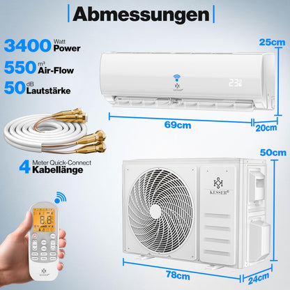 KESSER® 'Quick Connect' Split Klimaanlage-Set mit Heizfunktion: 12000BTU, 3,4kW, WiFi & App