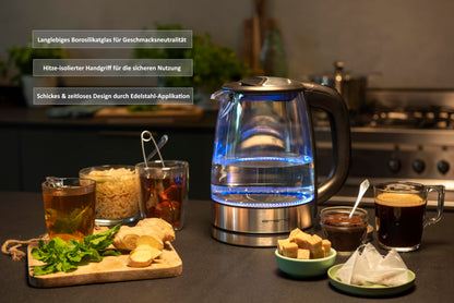 EMERIO Glas Wasserkocher (1,7L): 2200 Watt, Blau LED-Innenbeleuchtung | BPA-Frei