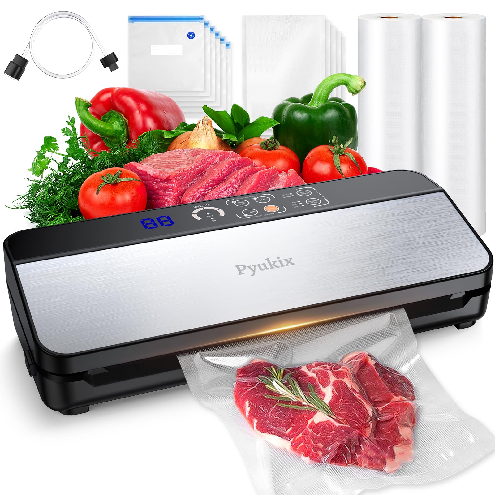 8-in-1 Vakuumiergerät 80 KPA | Lebensmittel Trocken-/Feuchtmodus mit eingebautem Cutter, digitalem Countdown