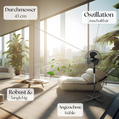 Echos® Standventilator (Ø 43cm): Sehr leise, Energiesparend, 3 Stufen, Oszillation
