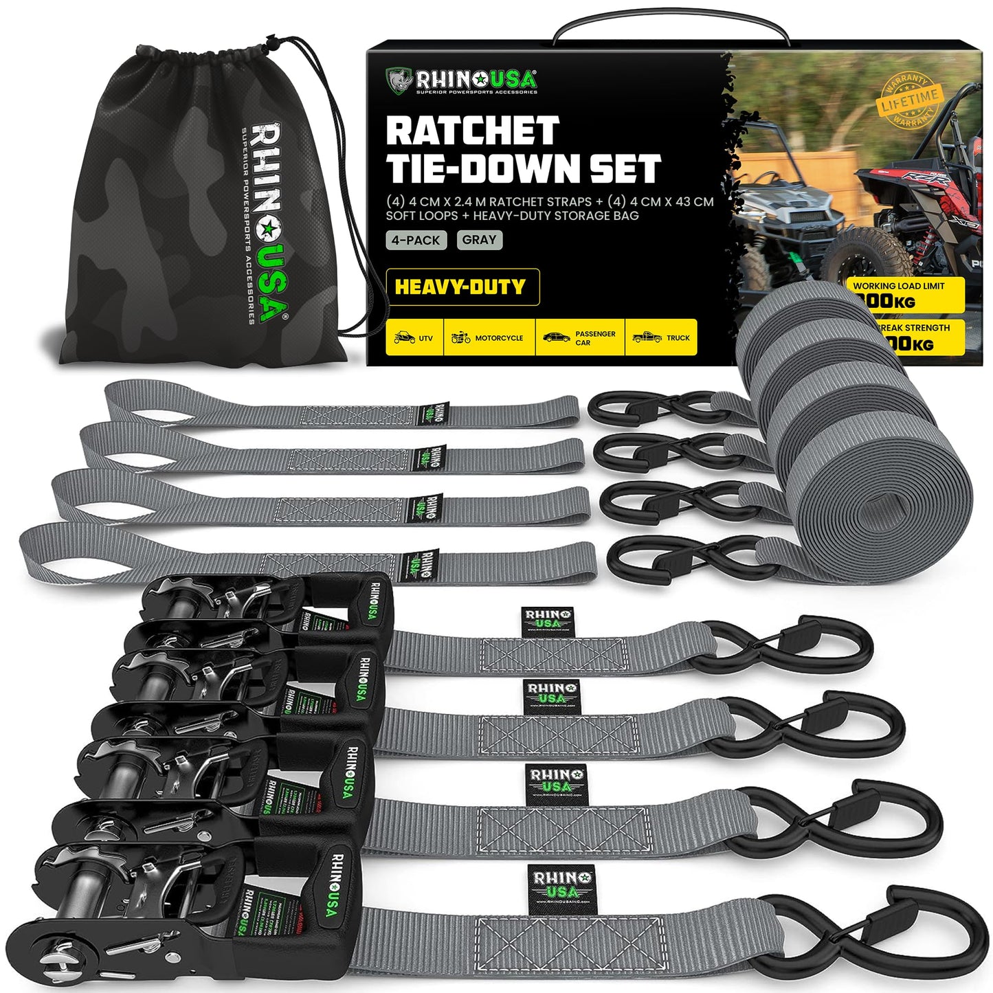 Rhino USA Spanngurte mit Ratsche und Haken (4er Pack): 2000kg Reißfestigkeit in Grau