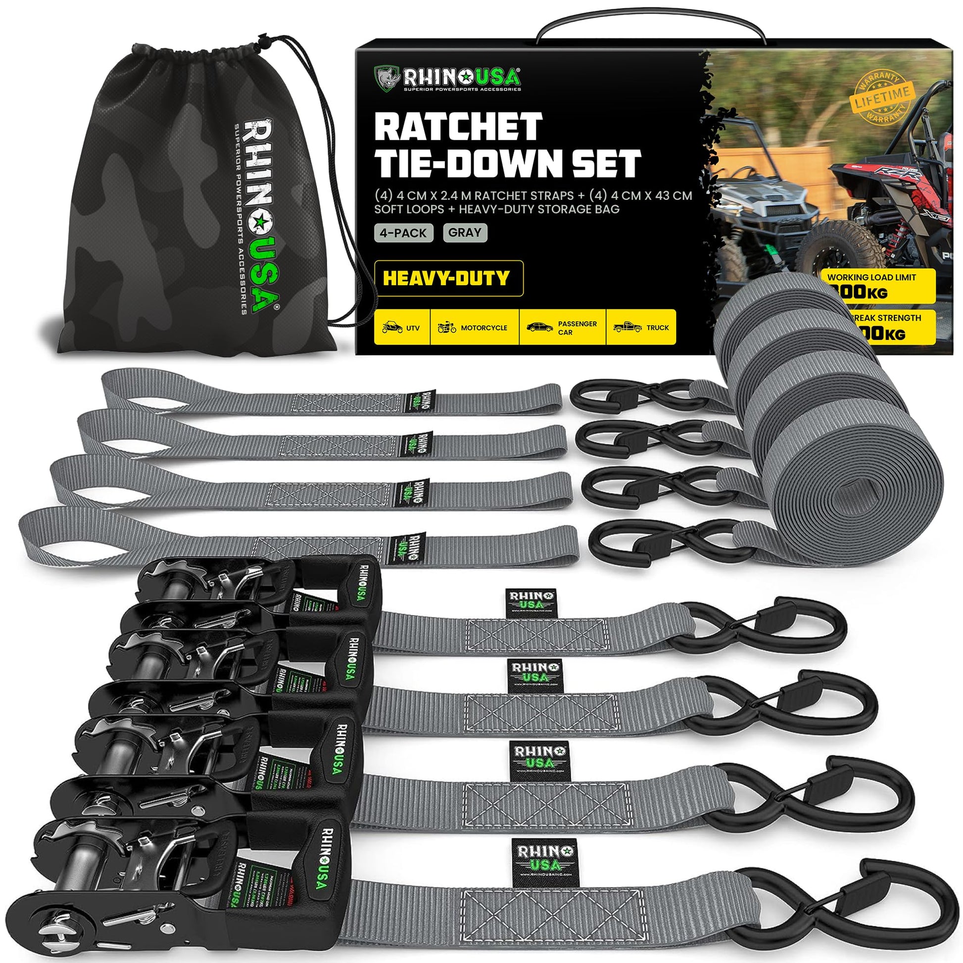 Rhino USA Spanngurte mit Ratsche und Haken (4er Pack): 2000kg Reißfestigkeit in Grau