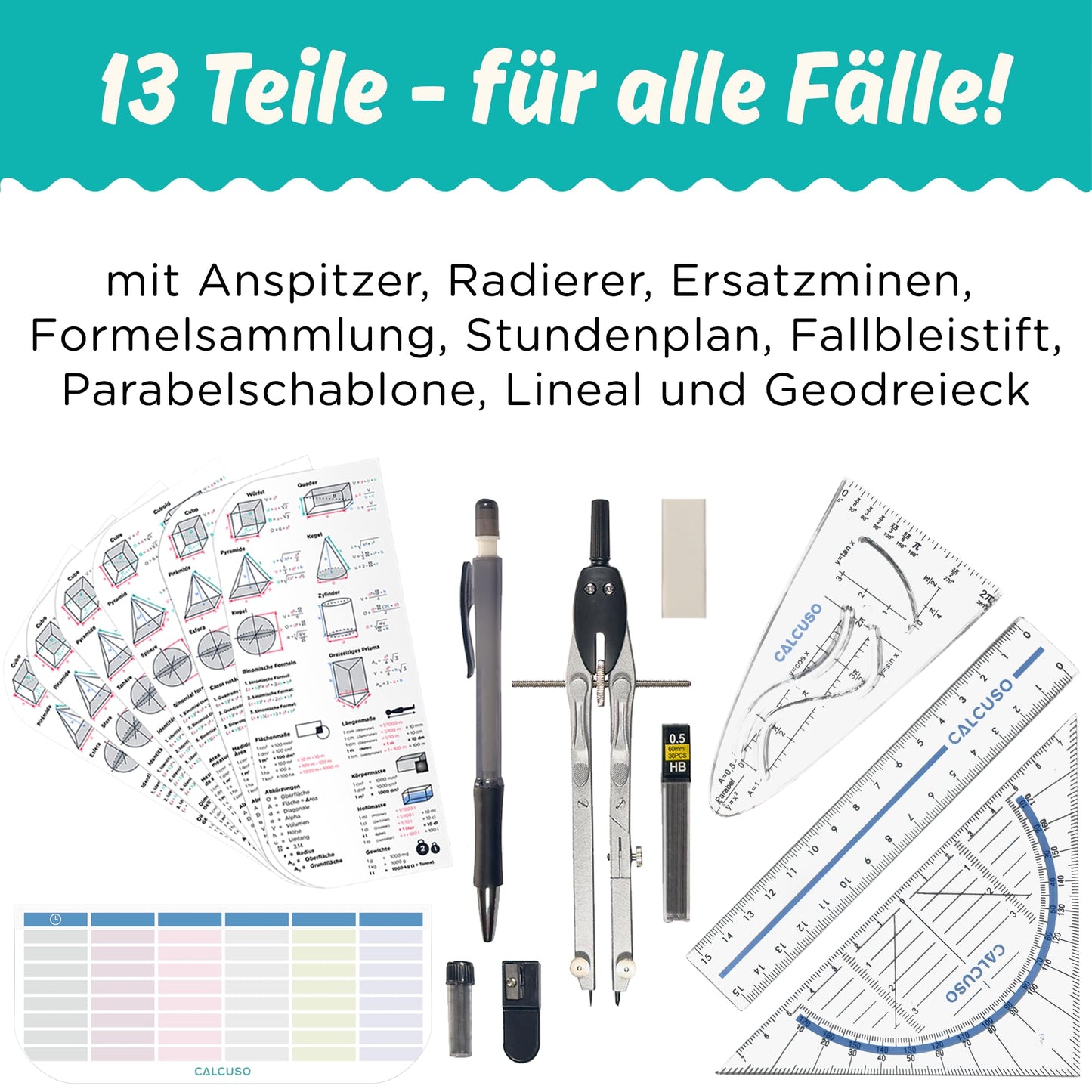 CALCUSO Geometrie-Set PRO in blauer Federmäppchen mit Zirkel und Geodreieck für die Schule