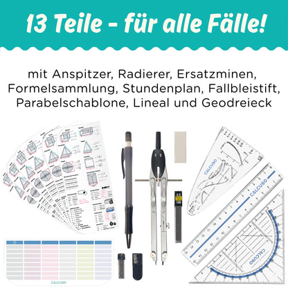 CALCUSO Geometrie-Set PRO in blauer Federmäppchen mit Zirkel und Geodreieck für die Schule