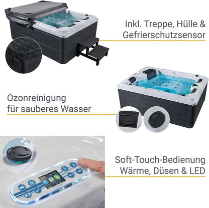 Outdoor-Whirlpool 'BERLIN' für 3 Personen inkl. Thermoabdeckung & LED: 31-Massagedüsen