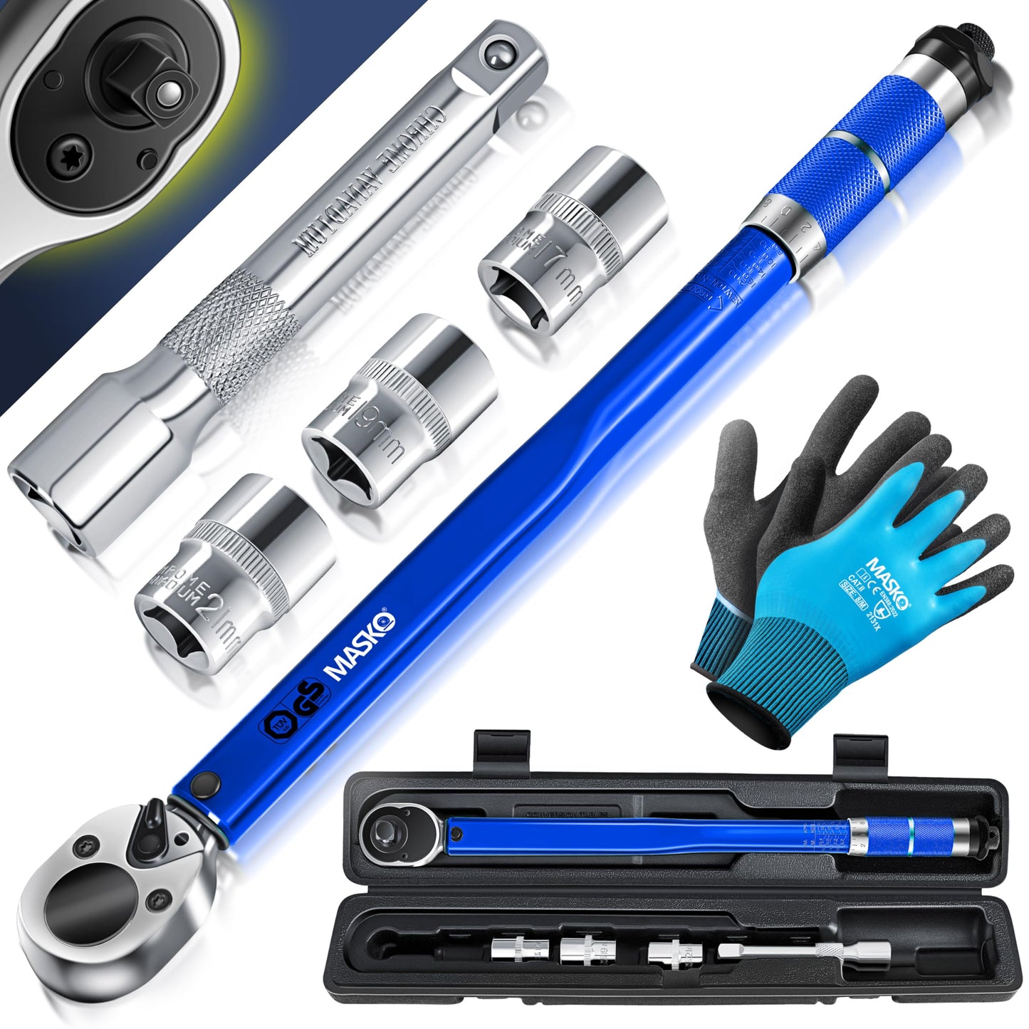 MASKO® Drehmomentschlüssel (6-teilig): 40-210Nm 1/2' CV inkl. 3 Stecknüsse + Montagehandschuhe Koffer
