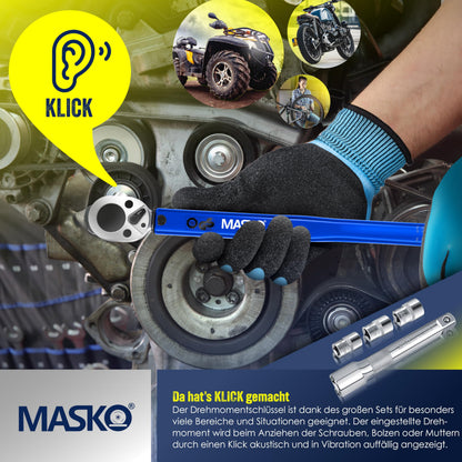 MASKO® Drehmomentschlüssel (6-teilig): 40-210Nm 1/2' CV inkl. 3 Stecknüsse + Montagehandschuhe Koffer