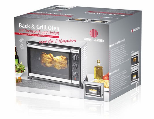 ROMMELSBACHER Back & Grill Ofen (BG 1805/E) mit Doppelverglasung, Innenbeleuchtung, Zeitschaltuhr, 1800W