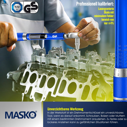 MASKO® Drehmomentschlüssel (6-teilig): 40-210Nm 1/2' CV inkl. 3 Stecknüsse + Montagehandschuhe Koffer