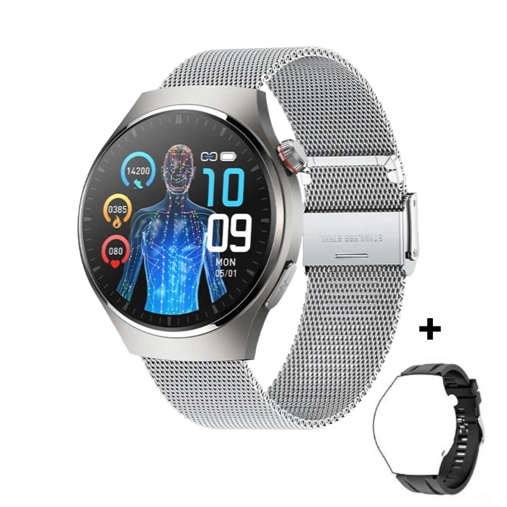 EKG Smartwatch mit PPG Laser | Körpertemperatur, Blutzucker, BT-Anruf