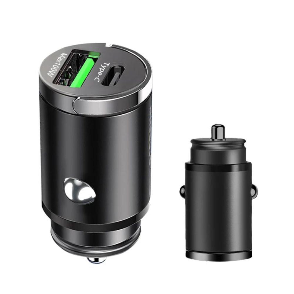 100W USB Auto-Mini-Schnellladegerät | Dual Ports, Typ C: mit Zugring (Schwarz)