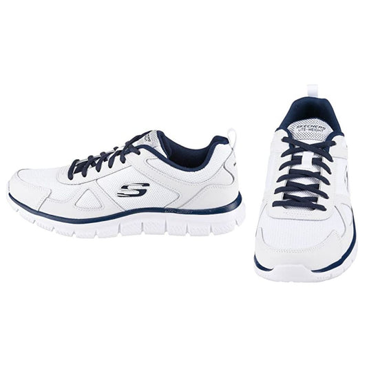 Skechers Track Scloric Herren-Sneaker: White Leather Mesh Pu Navy Trim