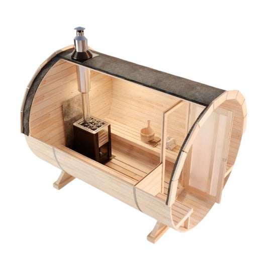 FinnTherm Saunafass 'Carrie' für Außen mit 2 Sitzbänke aus Holz | Wandstärke: 42mm