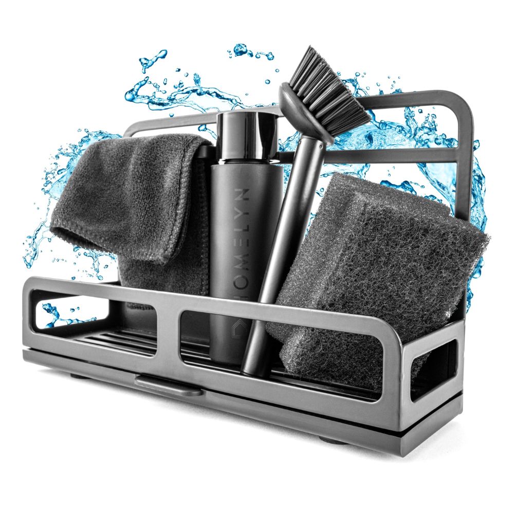 HOMELYN Spülbecken Organizer Set aus Edelstahl inkl. Spülbürste mit Abtropfschale: Modernes Design