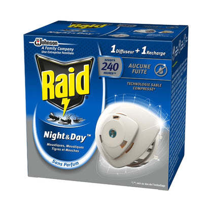 Raid Night & Day Elektrischer Flüssigkeitsdiffusor gegen Fliegen, Mücken und Tigermücken