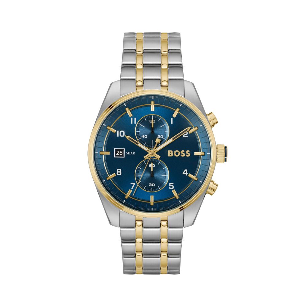 BOSS Chronograph Quarz Uhr für Herren (1514247) aus Kollektion 'SKYTRAVELLER' mit zweifarbiges Edelstahlarmband