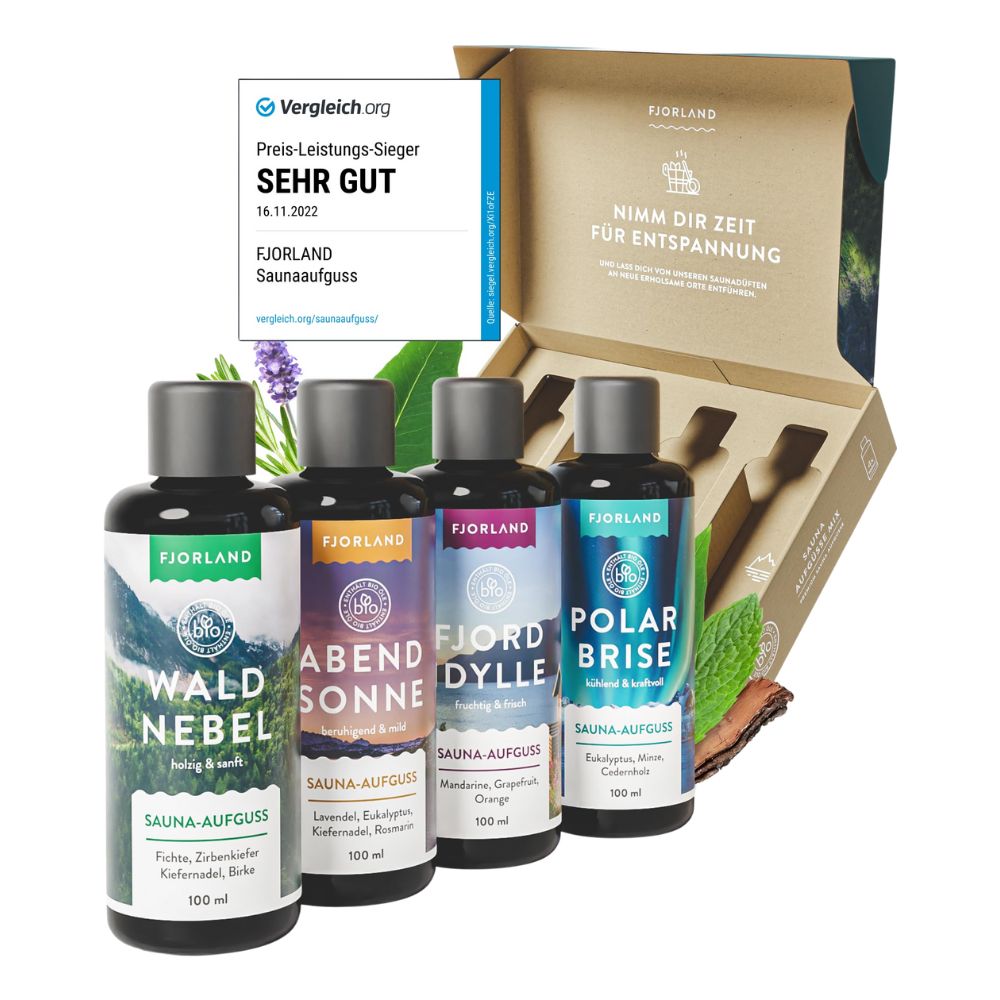 Fjorland BIO Ätherische-Saunadüfte Geschenkset (4x100ml) in hochwertiger Geschenkbox
