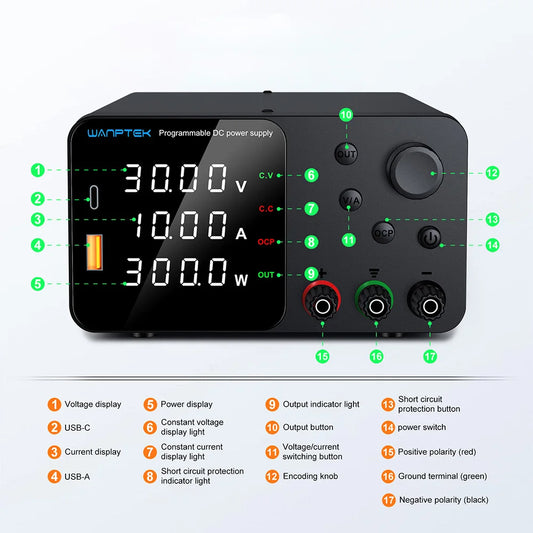 Wanptek 30 V 10 A Labor-Netzteil, Einstellbare Spannung, Strom, Encoder-Einstellung mit USB-Schnellladung, Labor-DC-Netzteil – Bild 2